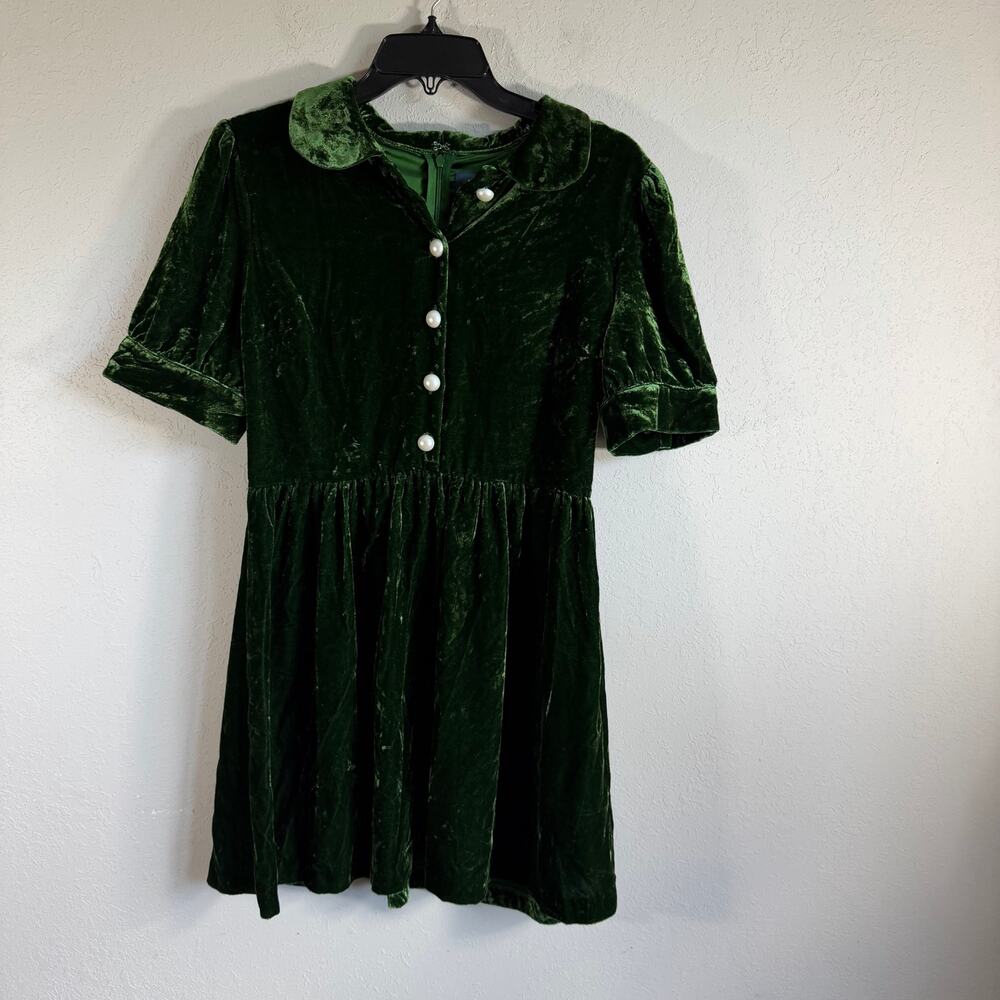 ModCloth “Such a Stunner” Green Velvet Shirt Dress Womens 10 Peter Pan Collar